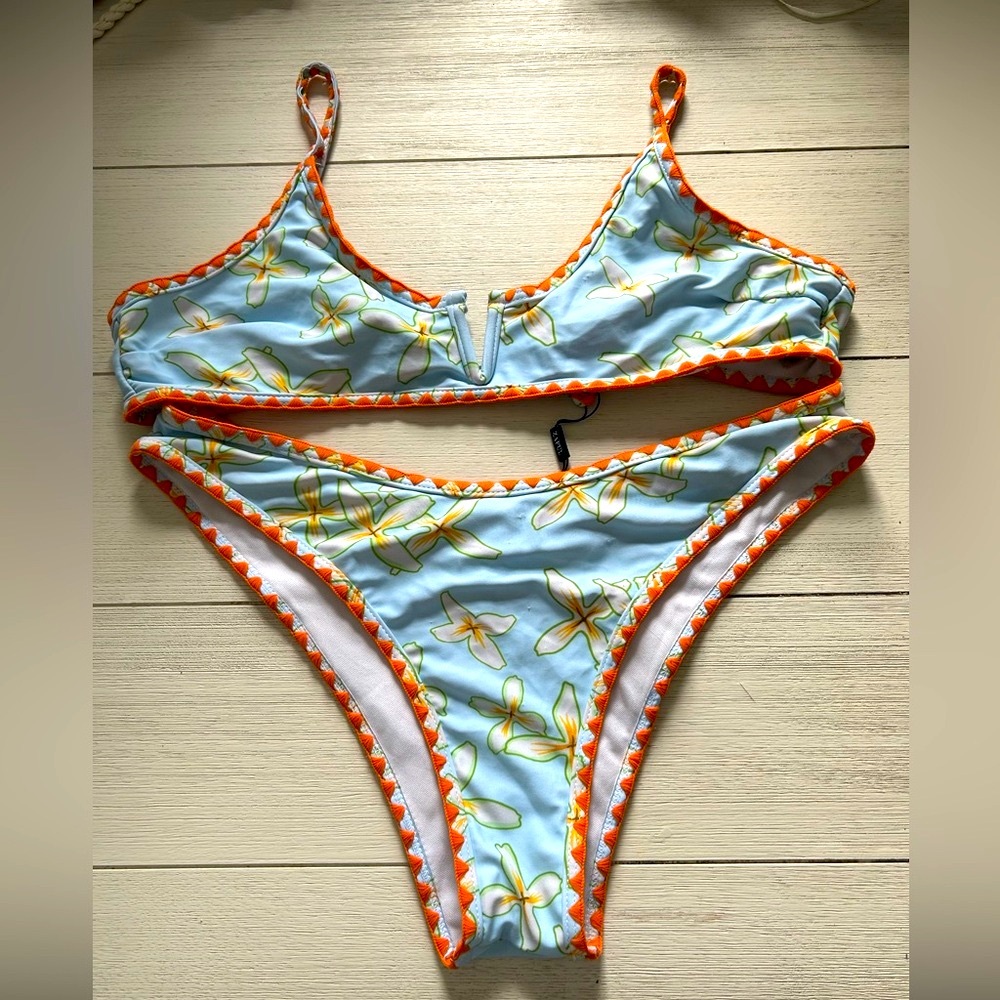 Zaful Tropical Floral Light Blue Bikini with Orange Whipstitch Trim